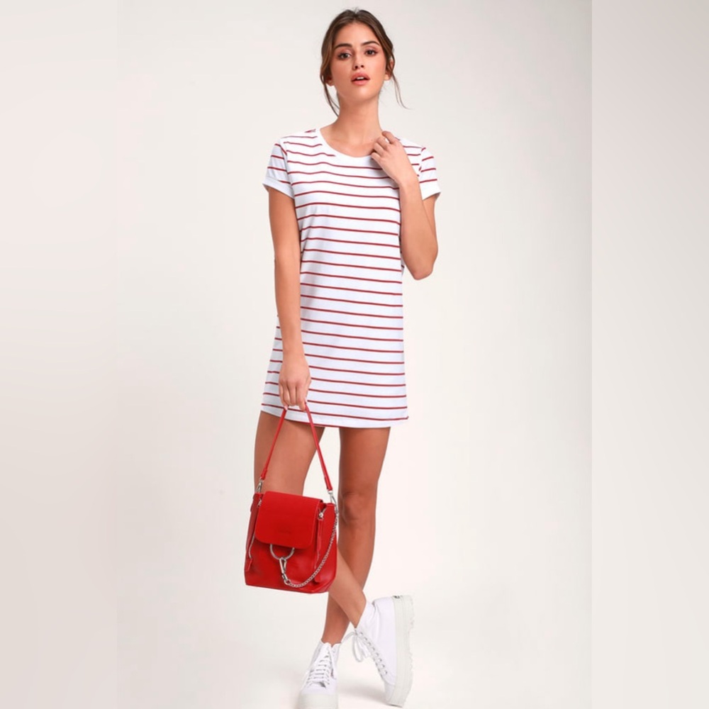Lulus Cafe Society White and Red Striped Shirt Dress